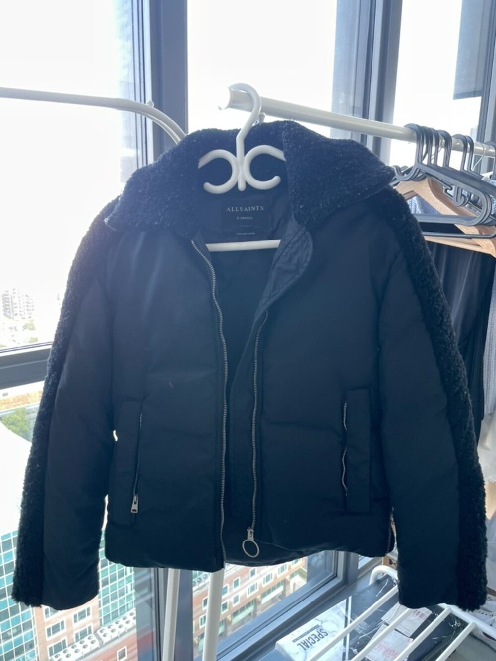 All Saints Black Puffer Jacket Short Italian Cloth Faux Fur XS